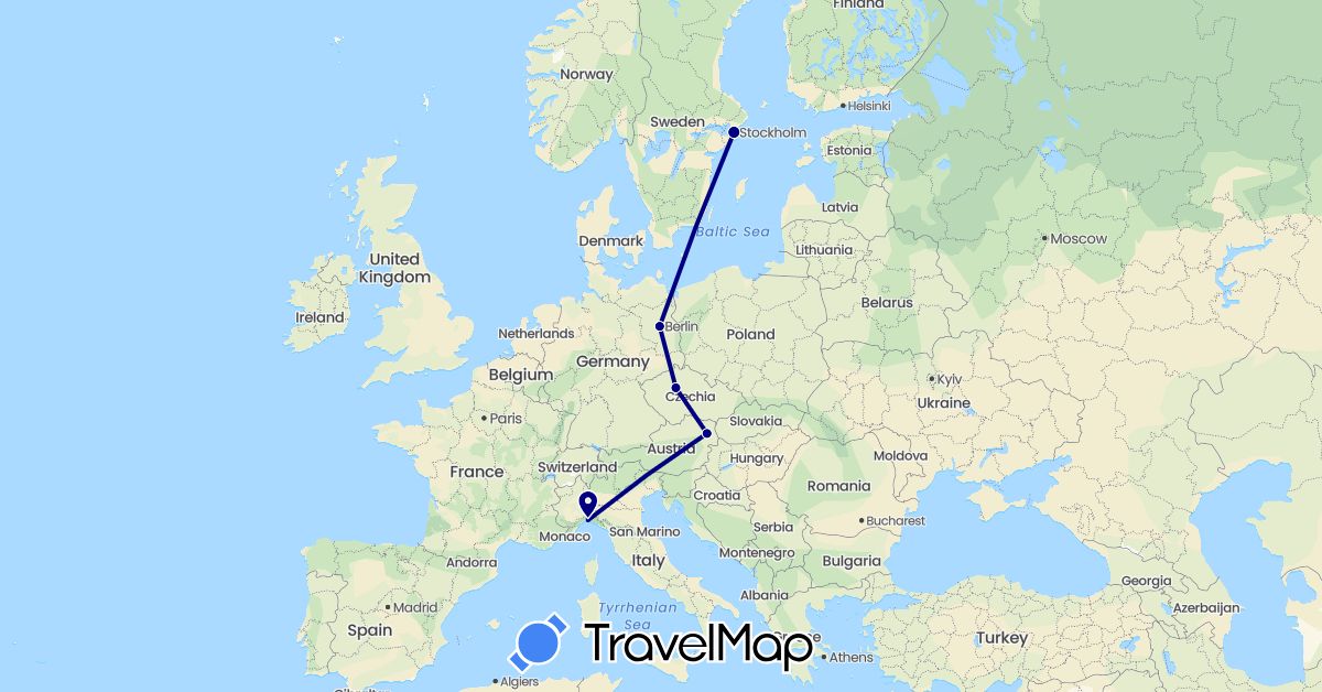 TravelMap itinerary: driving in Austria, Czech Republic, Germany, Italy, Sweden (Europe)